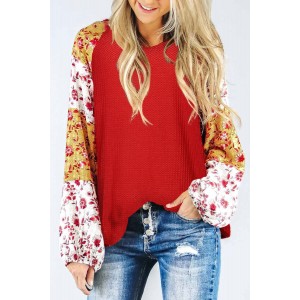 Red Mixed Print Balloon Sleeve Top